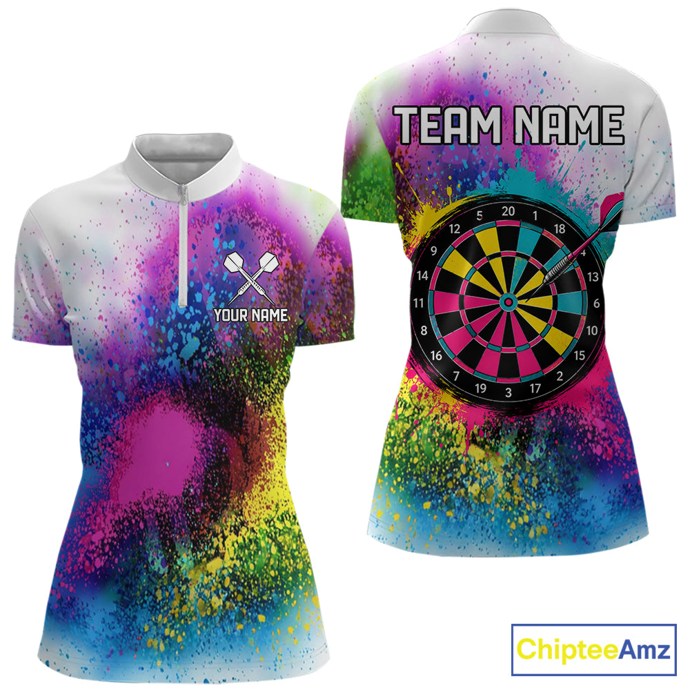 Colorful Splatter Dart Polo 1/4-Zip Shirt For Women Personalized Splash Dartboard Team Name Jersey Darts Player Gift NYN4705