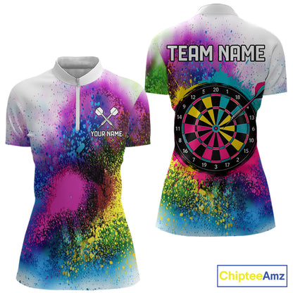 Colorful Splatter Dart Polo 1/4-Zip Shirt For Women Personalized Splash Dartboard Team Name Jersey Darts Player Gift NYN4705