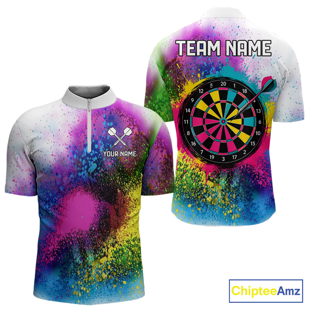 Colorful Splatter Dart Polo 1/4-Zip Shirt For Men Personalized Splash Dartboard Team Name Jersey Darts Player Gift NYN4705