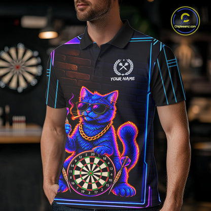 Neon Purple Blue Cat Dart Polo 1/4-Zip Shirt For Men Custom Cool Cat Funny Dart Tournament Team Jersey NYN4706