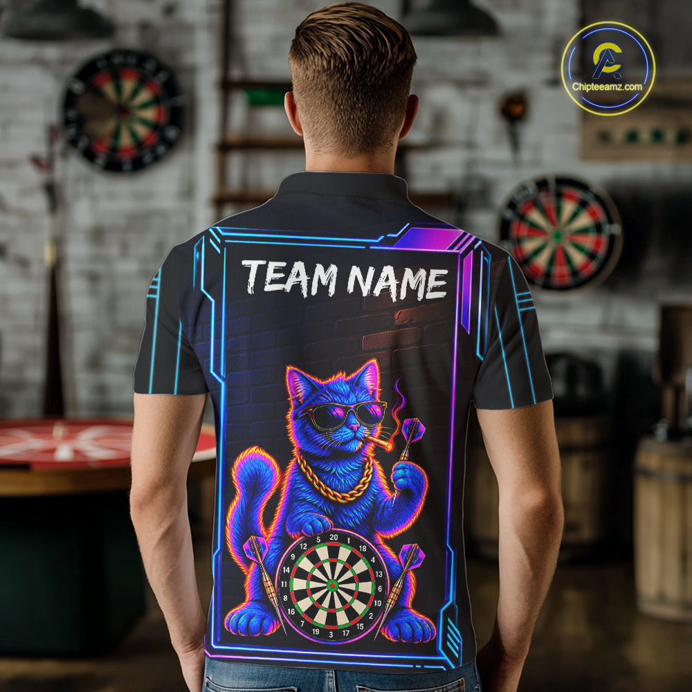 Neon Purple Blue Cat Dart Polo 1/4-Zip Shirt For Men Custom Cool Cat Funny Dart Tournament Team Jersey NYN4706