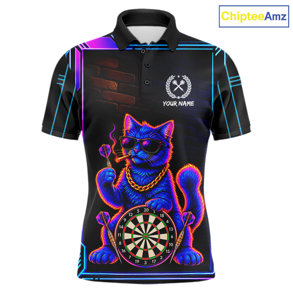 Neon Purple Blue Cat Dart Polo 1/4-Zip Shirt For Men Custom Cool Cat Funny Dart Tournament Team Jersey NYN4706