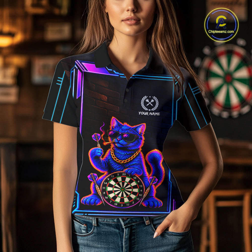Neon Purple Blue Cat Dart Polo 1/4-Zip Shirt For Women Custom Cool Cat Funny Dart Tournament Team Jersey NYN4706