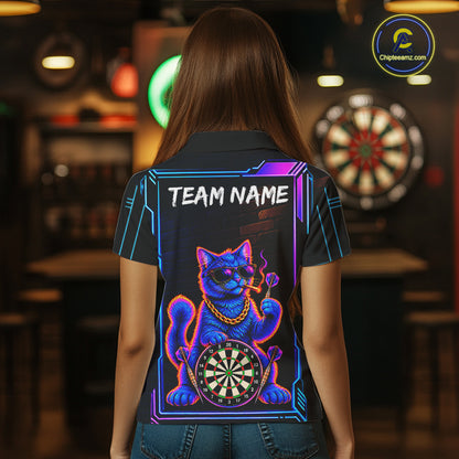 Neon Purple Blue Cat Dart Polo 1/4-Zip Shirt For Women Custom Cool Cat Funny Dart Tournament Team Jersey NYN4706