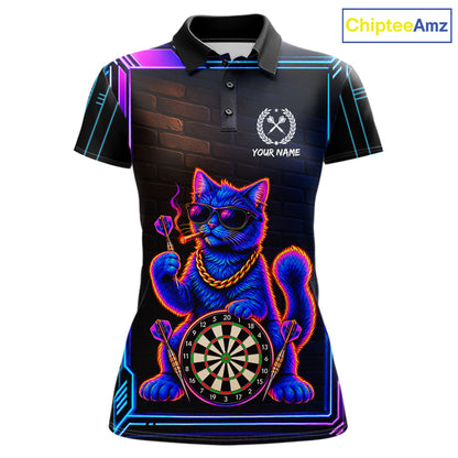 Neon Purple Blue Cat Dart Polo 1/4-Zip Shirt For Women Custom Cool Cat Funny Dart Tournament Team Jersey NYN4706