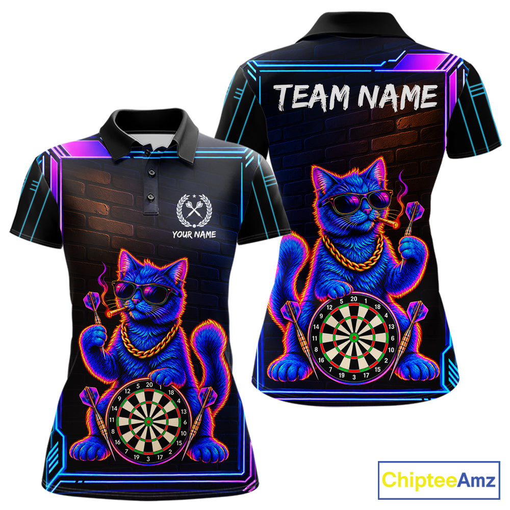 Neon Purple Blue Cat Dart Polo 1/4-Zip Shirt For Women Custom Cool Cat Funny Dart Tournament Team Jersey NYN4706