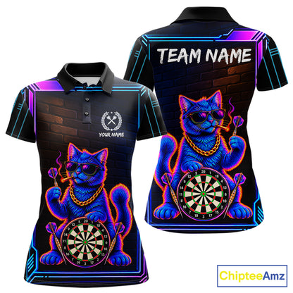 Neon Purple Blue Cat Dart Polo 1/4-Zip Shirt For Women Custom Cool Cat Funny Dart Tournament Team Jersey NYN4706