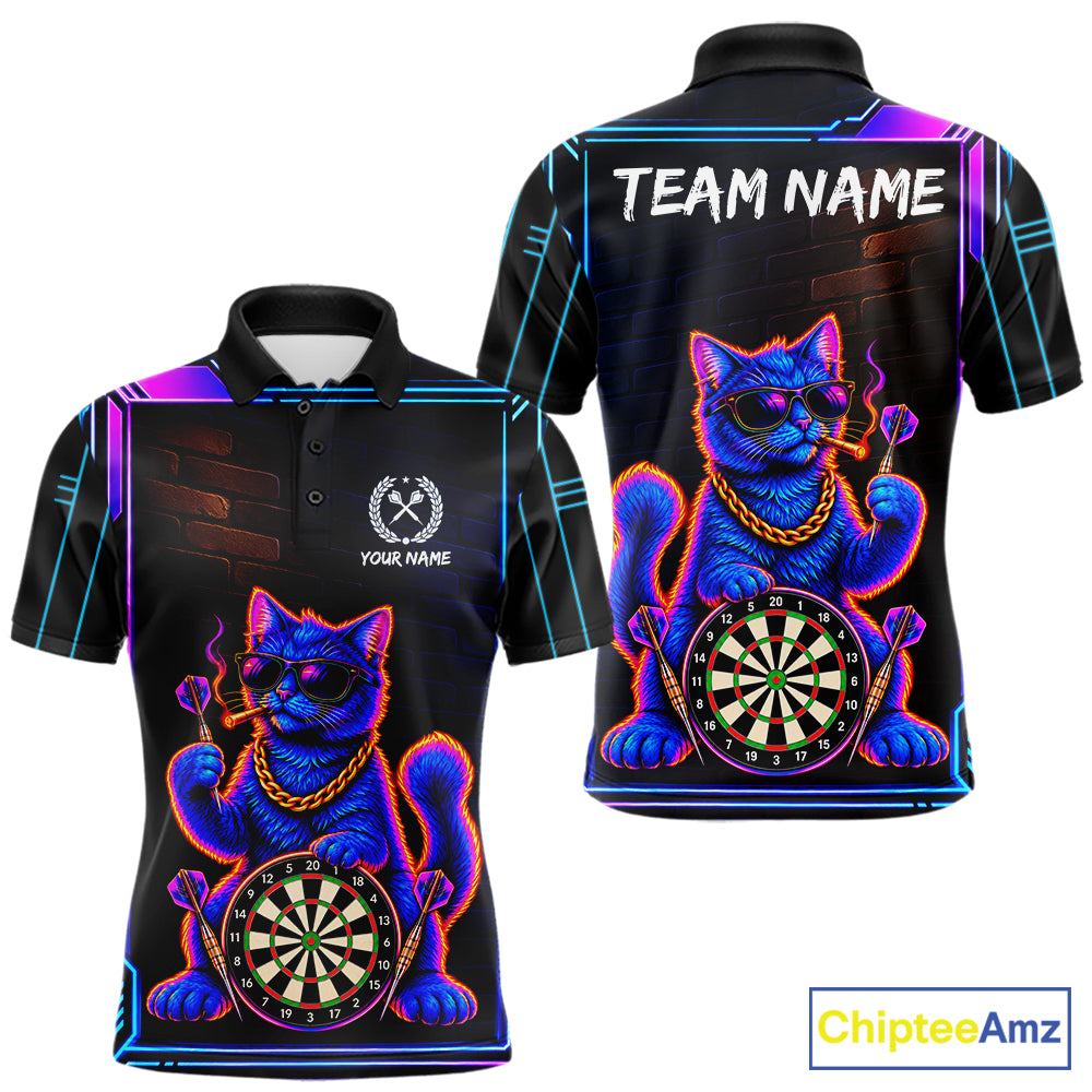 Neon Purple Blue Cat Dart Polo 1/4-Zip Shirt For Men Custom Cool Cat Funny Dart Tournament Team Jersey NYN4706