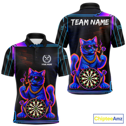 Neon Purple Blue Cat Dart Polo 1/4-Zip Shirt For Men Custom Cool Cat Funny Dart Tournament Team Jersey NYN4706