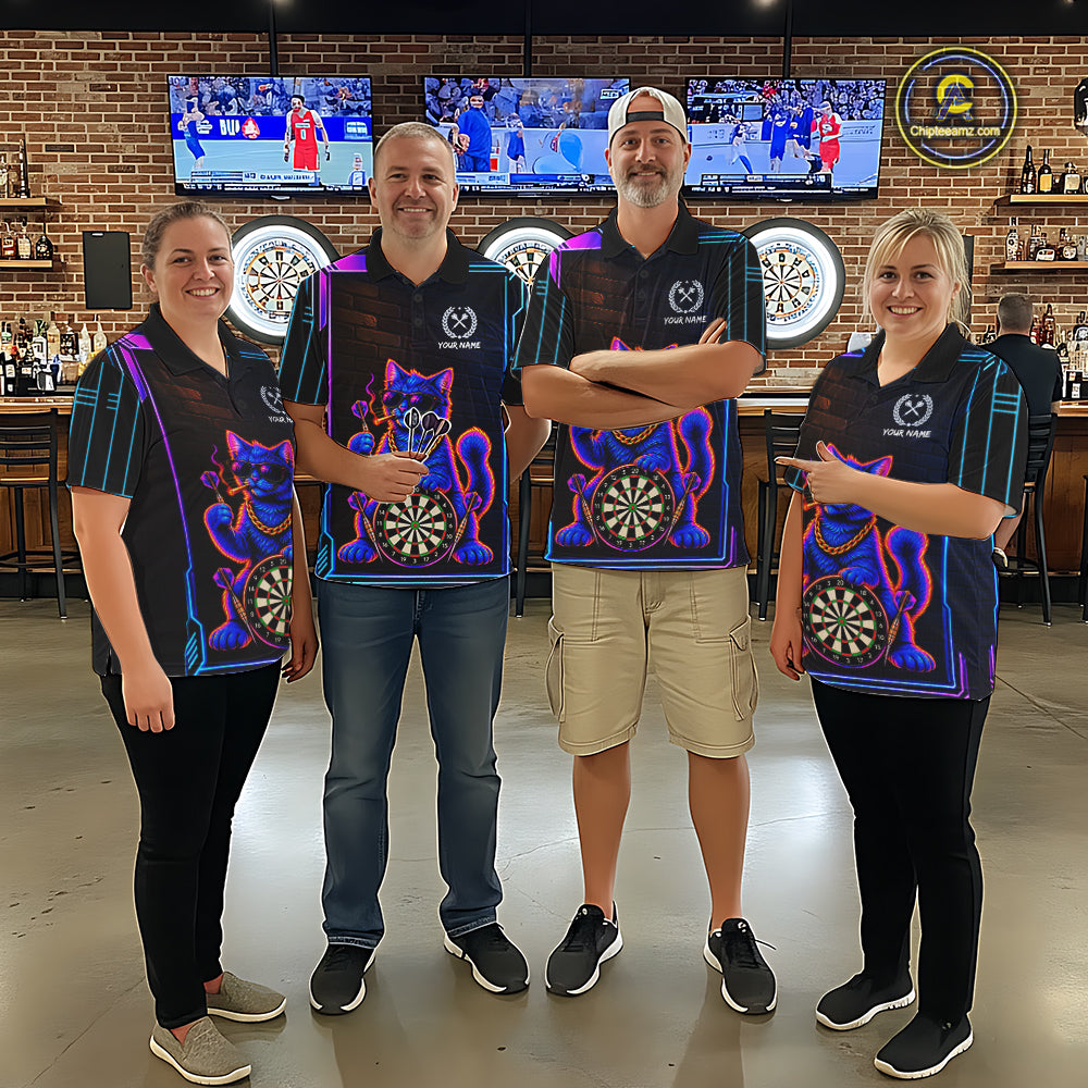 Neon Purple Blue Cat Dart Polo 1/4-Zip Shirt For Women Custom Cool Cat Funny Dart Tournament Team Jersey NYN4706