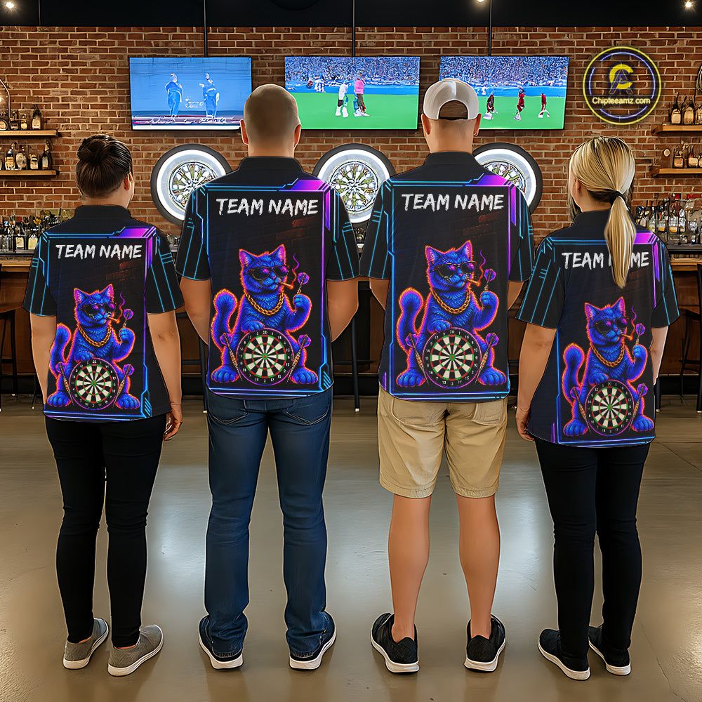 Neon Purple Blue Cat Dart Polo 1/4-Zip Shirt For Women Custom Cool Cat Funny Dart Tournament Team Jersey NYN4706