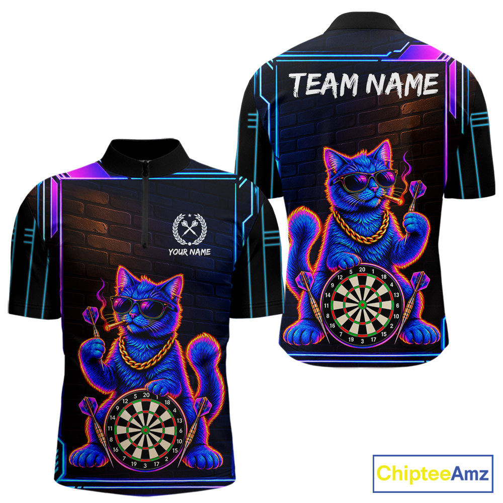 Neon Purple Blue Cat Dart Polo 1/4-Zip Shirt For Men Custom Cool Cat Funny Dart Tournament Team Jersey NYN4706