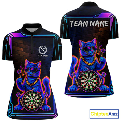 Neon Purple Blue Cat Dart Polo 1/4-Zip Shirt For Women Custom Cool Cat Funny Dart Tournament Team Jersey NYN4706