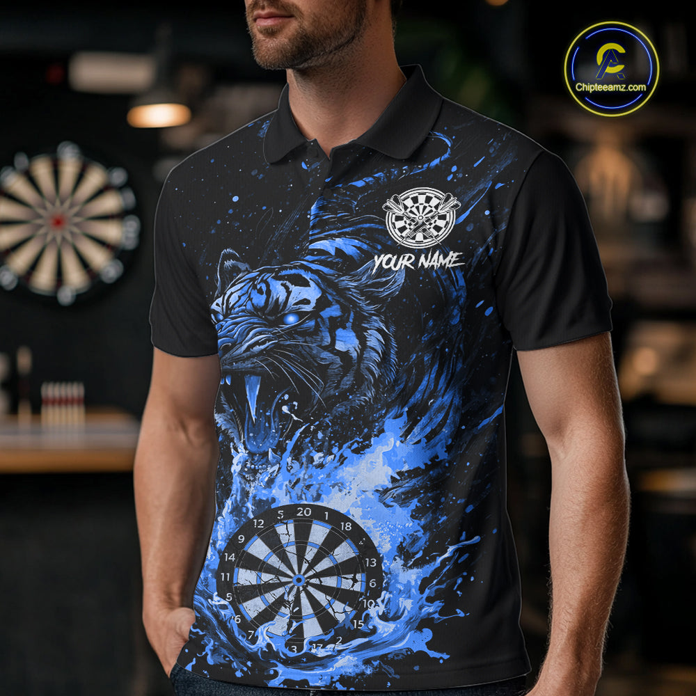 Custom Blue Horror Tiger Grunge Men Darts Polo 1/4-Zip League Shirts Splatter Dart Team Jerseys NYN4707
