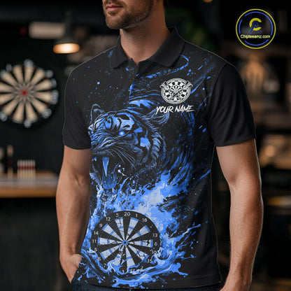 Custom Blue Horror Tiger Grunge Men Darts Polo 1/4-Zip League Shirts Splatter Dart Team Jerseys NYN4707