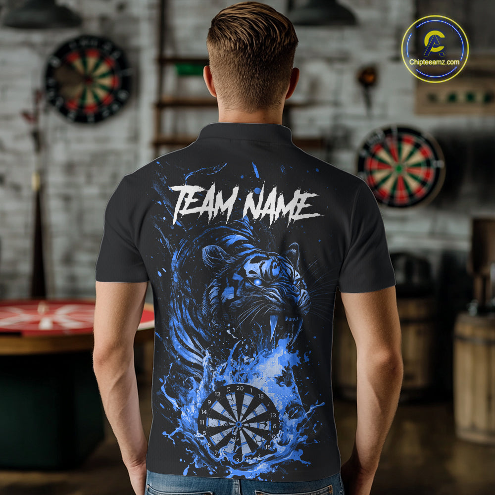 Custom Blue Horror Tiger Grunge Men Darts Polo 1/4-Zip League Shirts Splatter Dart Team Jerseys NYN4707