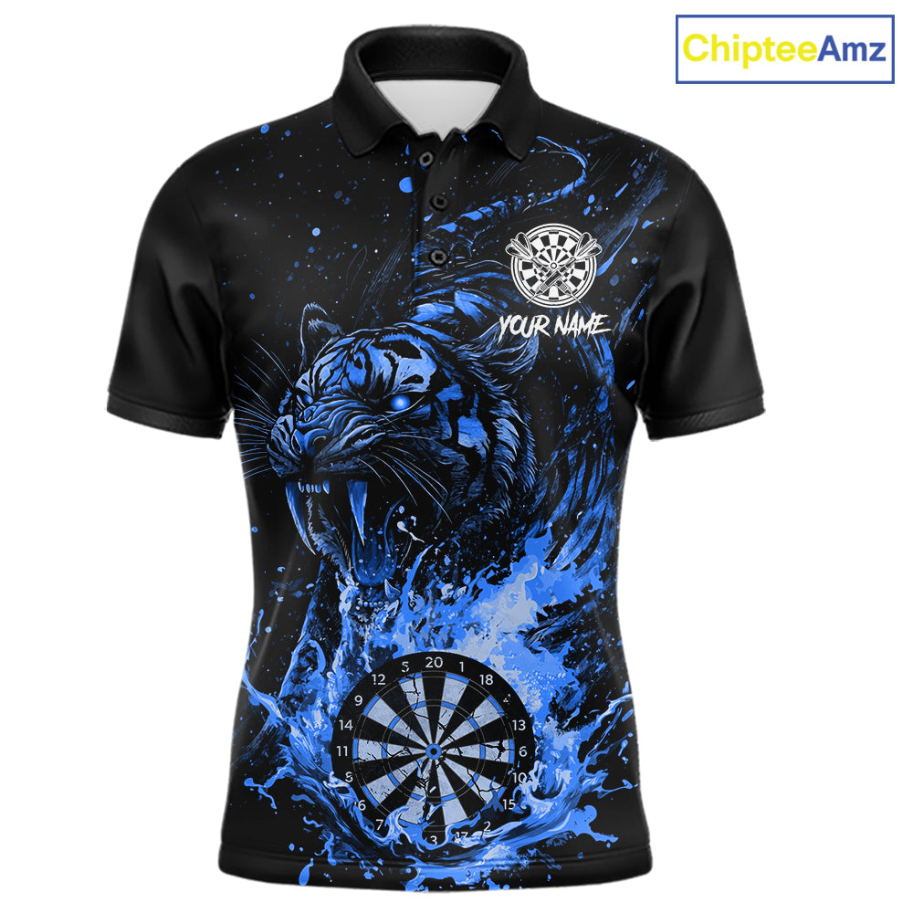 Custom Blue Horror Tiger Grunge Men Darts Polo 1/4-Zip League Shirts Splatter Dart Team Jerseys NYN4707