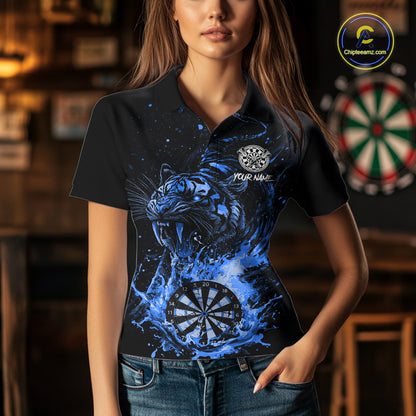 Custom Blue Horror Tiger Grunge Women Darts Polo 1/4-Zip League Shirts Splatter Dart Team Jerseys NYN4707
