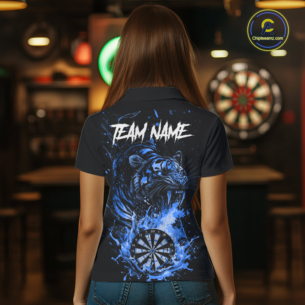 Custom Blue Horror Tiger Grunge Women Darts Polo 1/4-Zip League Shirts Splatter Dart Team Jerseys NYN4707