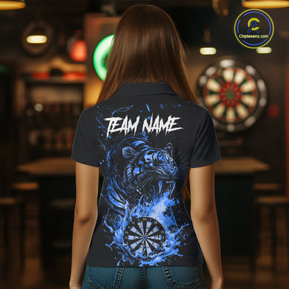Custom Blue Horror Tiger Grunge Women Darts Polo 1/4-Zip League Shirts Splatter Dart Team Jerseys NYN4707