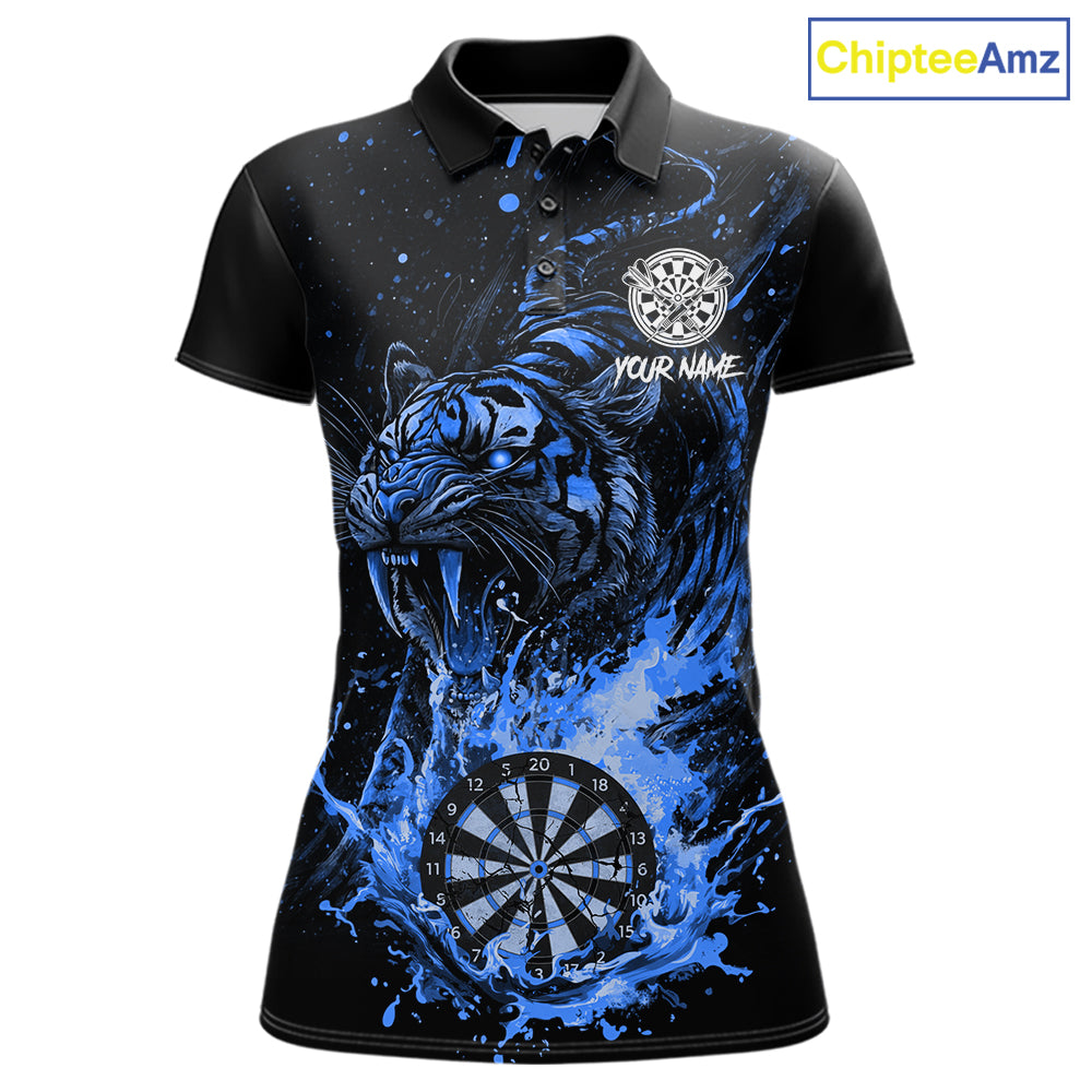 Custom Blue Horror Tiger Grunge Women Darts Polo 1/4-Zip League Shirts Splatter Dart Team Jerseys NYN4707