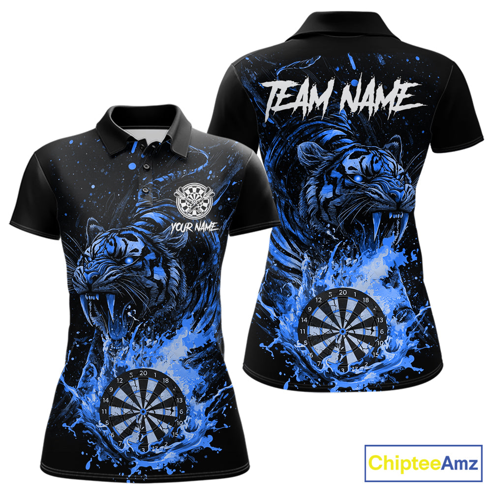 Custom Blue Horror Tiger Grunge Women Darts Polo 1/4-Zip League Shirts Splatter Dart Team Jerseys NYN4707