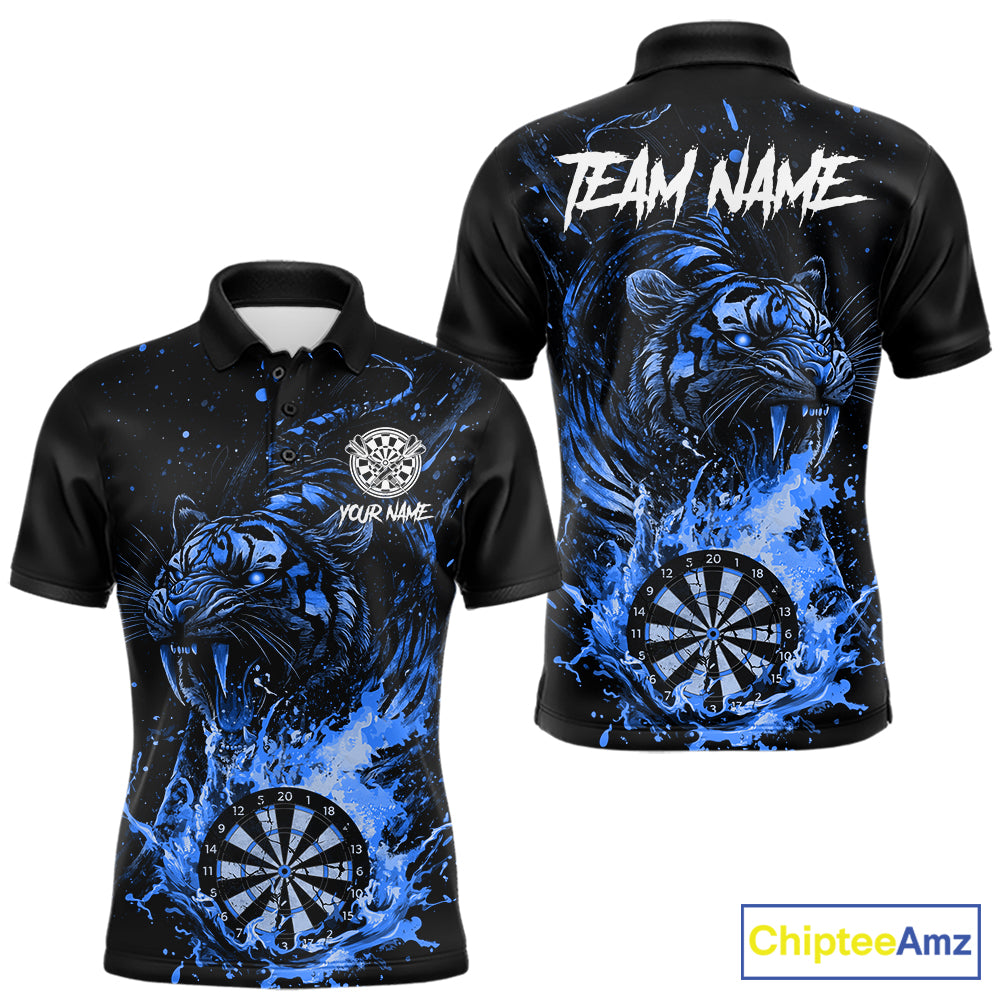 Custom Blue Horror Tiger Grunge Men Darts Polo 1/4-Zip League Shirts Splatter Dart Team Jerseys NYN4707