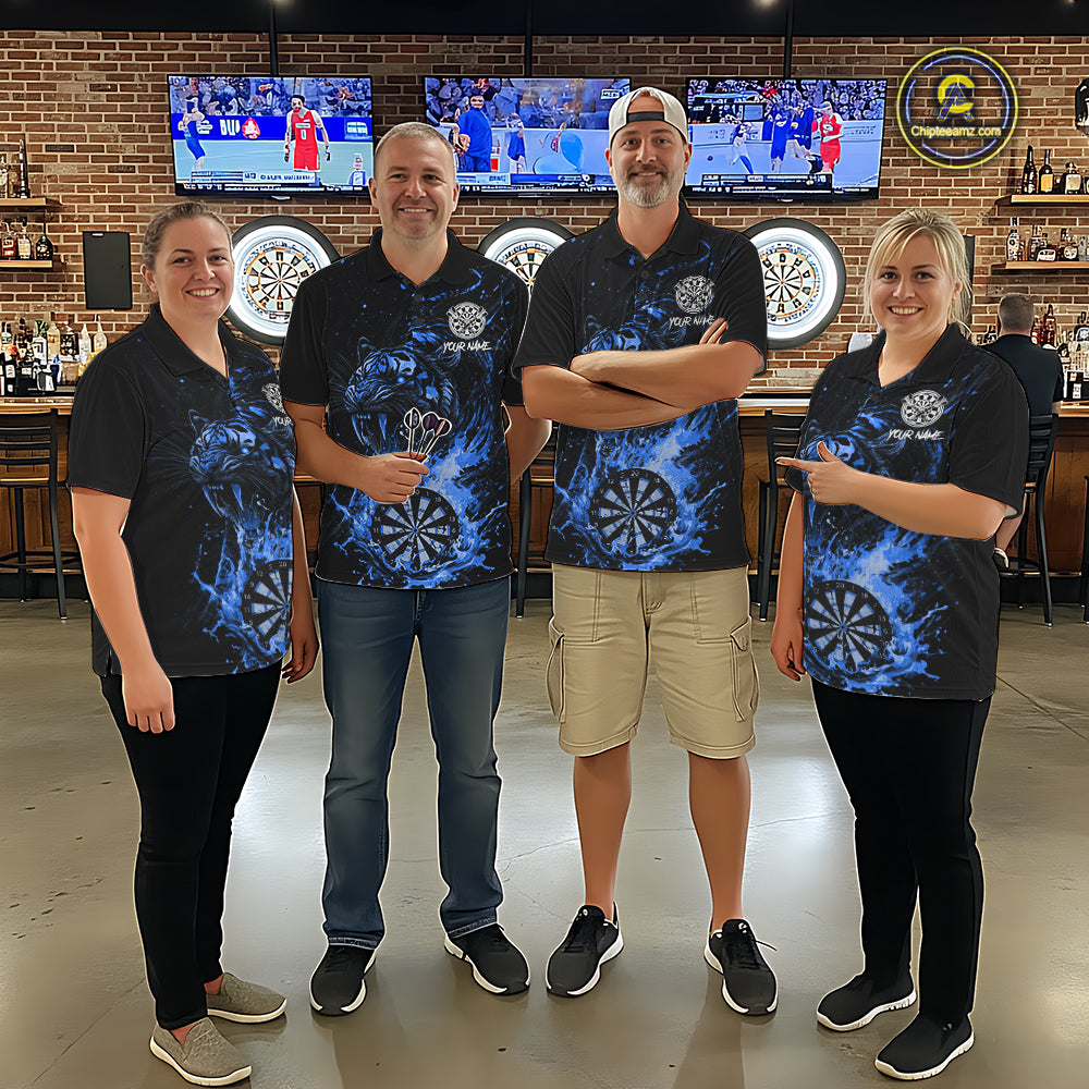 Custom Blue Horror Tiger Grunge Men Darts Polo 1/4-Zip League Shirts Splatter Dart Team Jerseys NYN4707