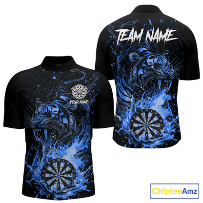 Custom Blue Horror Tiger Grunge Men Darts Polo 1/4-Zip League Shirts Splatter Dart Team Jerseys NYN4707