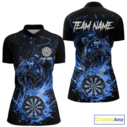 Custom Blue Horror Tiger Grunge Women Darts Polo 1/4-Zip League Shirts Splatter Dart Team Jerseys NYN4707