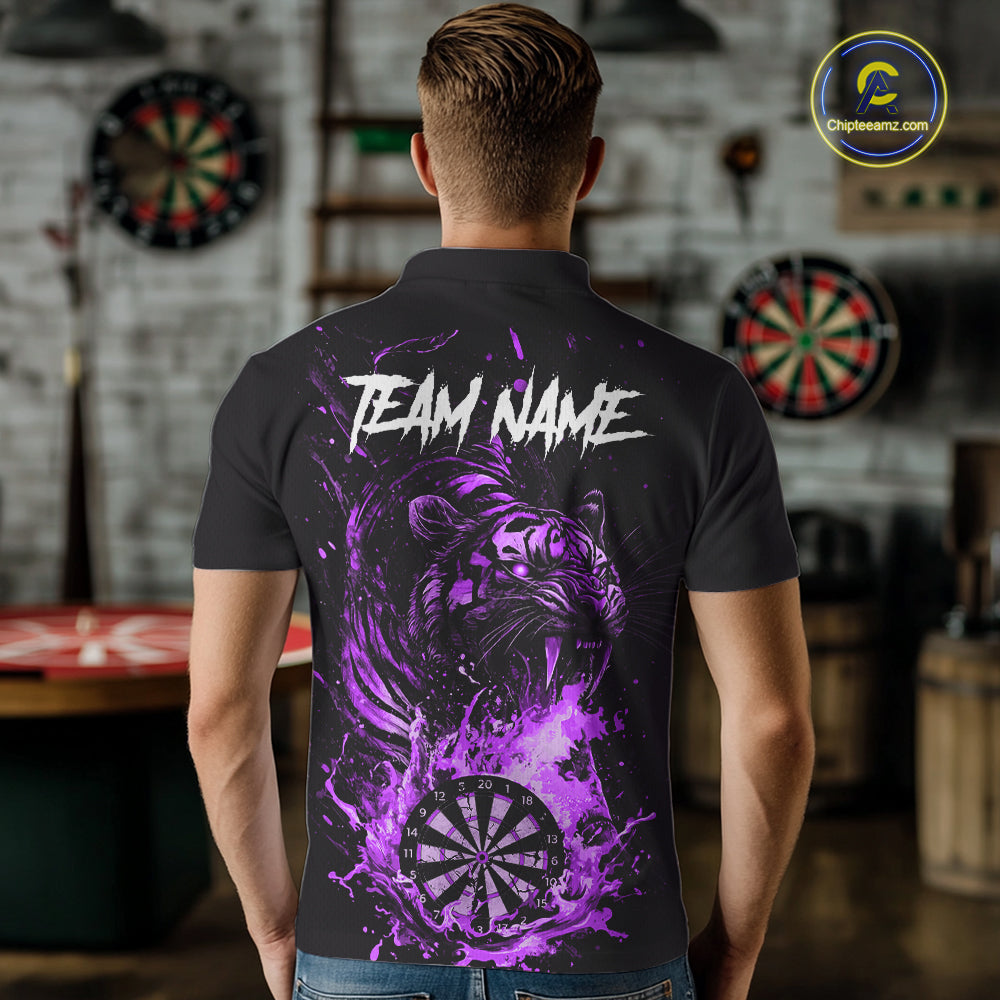 Custom Purple Horror Tiger Grunge Men Darts Polo 1/4-Zip League Shirts Splatter Dart Team Jerseys NYN4708