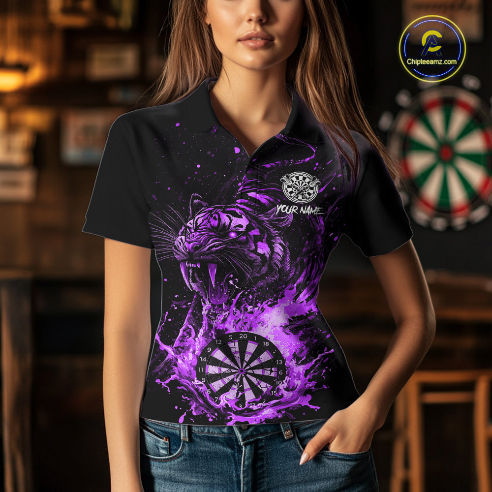 Custom Purple Horror Tiger Grunge Women Darts Polo 1/4-Zip League Shirts Splatter Dart Team Jerseys NYN4708