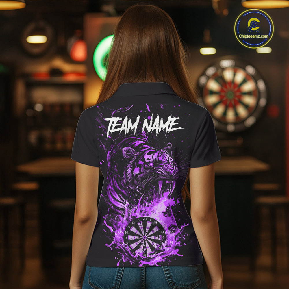 Custom Purple Horror Tiger Grunge Women Darts Polo 1/4-Zip League Shirts Splatter Dart Team Jerseys NYN4708
