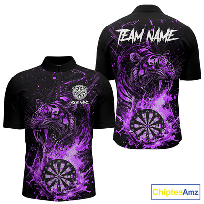 Custom Purple Horror Tiger Grunge Men Darts Polo 1/4-Zip League Shirts Splatter Dart Team Jerseys NYN4708