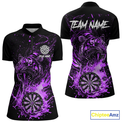 Custom Purple Horror Tiger Grunge Women Darts Polo 1/4-Zip League Shirts Splatter Dart Team Jerseys NYN4708