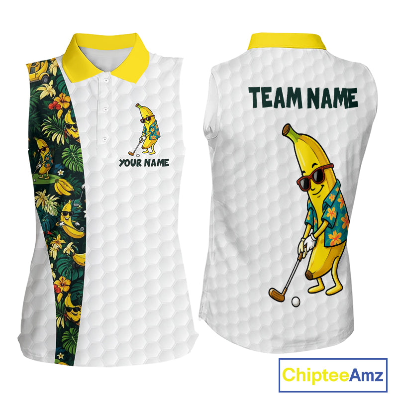 Custom Banaba Golfer Golf Ball Team Attire Tropical Monstera Golf Sleeveless Polo Golf Shirts For Women NYN3178