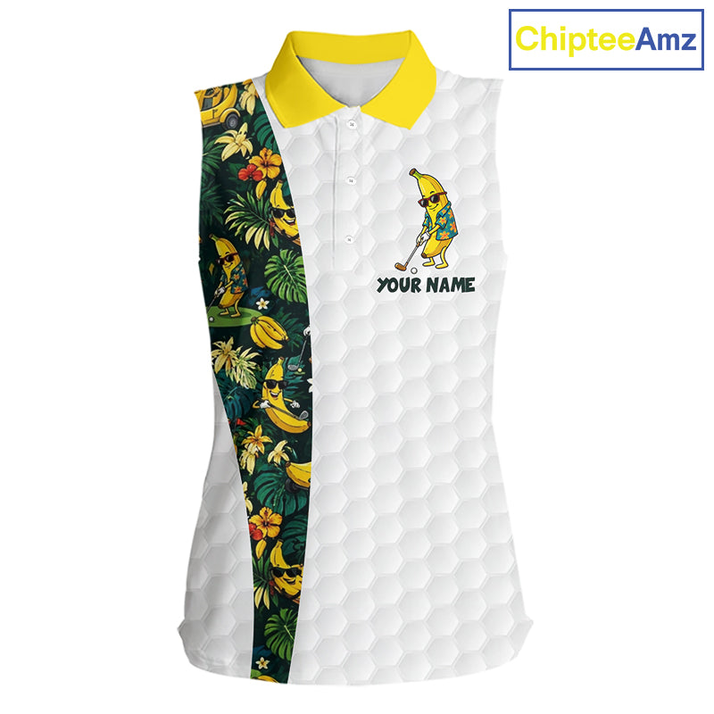 Custom Banaba Golfer Golf Ball Team Attire Tropical Monstera Golf Sleeveless Polo Golf Shirts For Women NYN3178