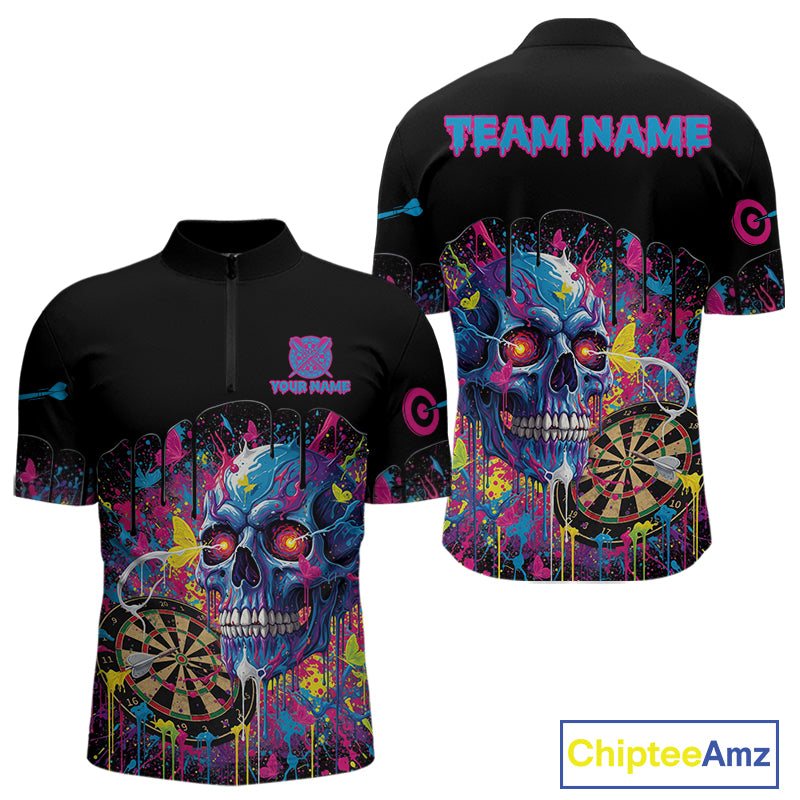 Custom Butterfly Skull Splatter Dartboard Men Darts Quarter-Zip Shirt Colorful Dart Jerseys NYN1830