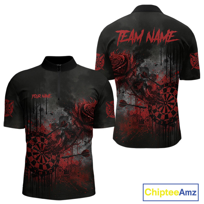 Custom Red Splatter Rose Dartboard Grunge Darts Quarter-Zip Shirt For Men Outfit Dart Jerseys NYN1832