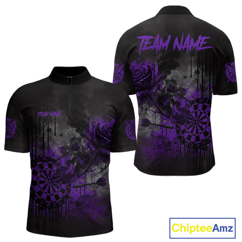 Custom Purple Splatter Rose Dartboard Grunge Darts Quarter-Zip Shirt For Men Outfit Dart Jerseys NYN1833