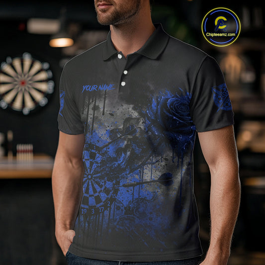 Custom Blue Splatter Rose Dartboard Grunge Darts Polo Shirt For Men Outfit Dart Jerseys NYN1834