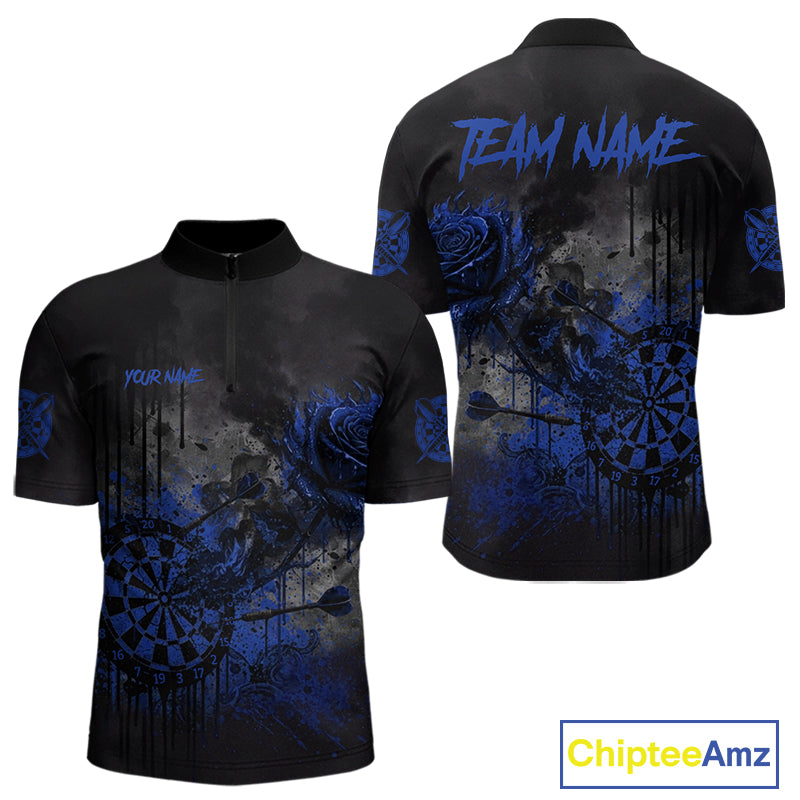 Custom Blue Splatter Rose Dartboard Grunge Darts Quarter-Zip Shirt For Men Outfit Dart Jerseys NYN1834