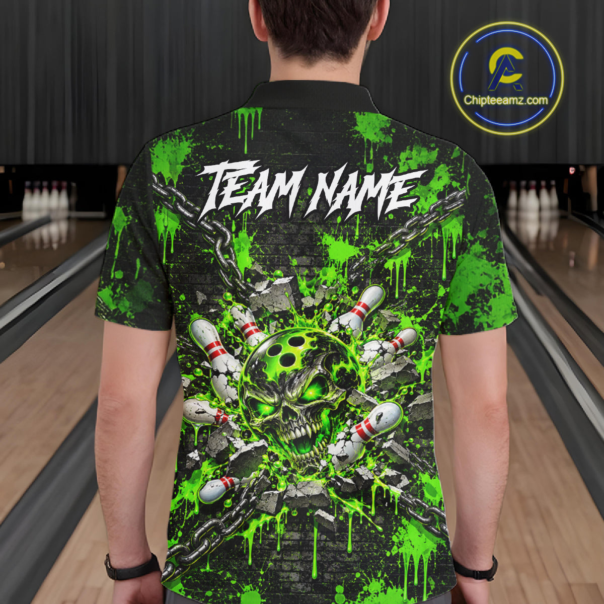 Green Slime Skull Bowling Shirt For Men Custom Name Brick Wall Chains Youth Bowler Team Jersey NYN5095
