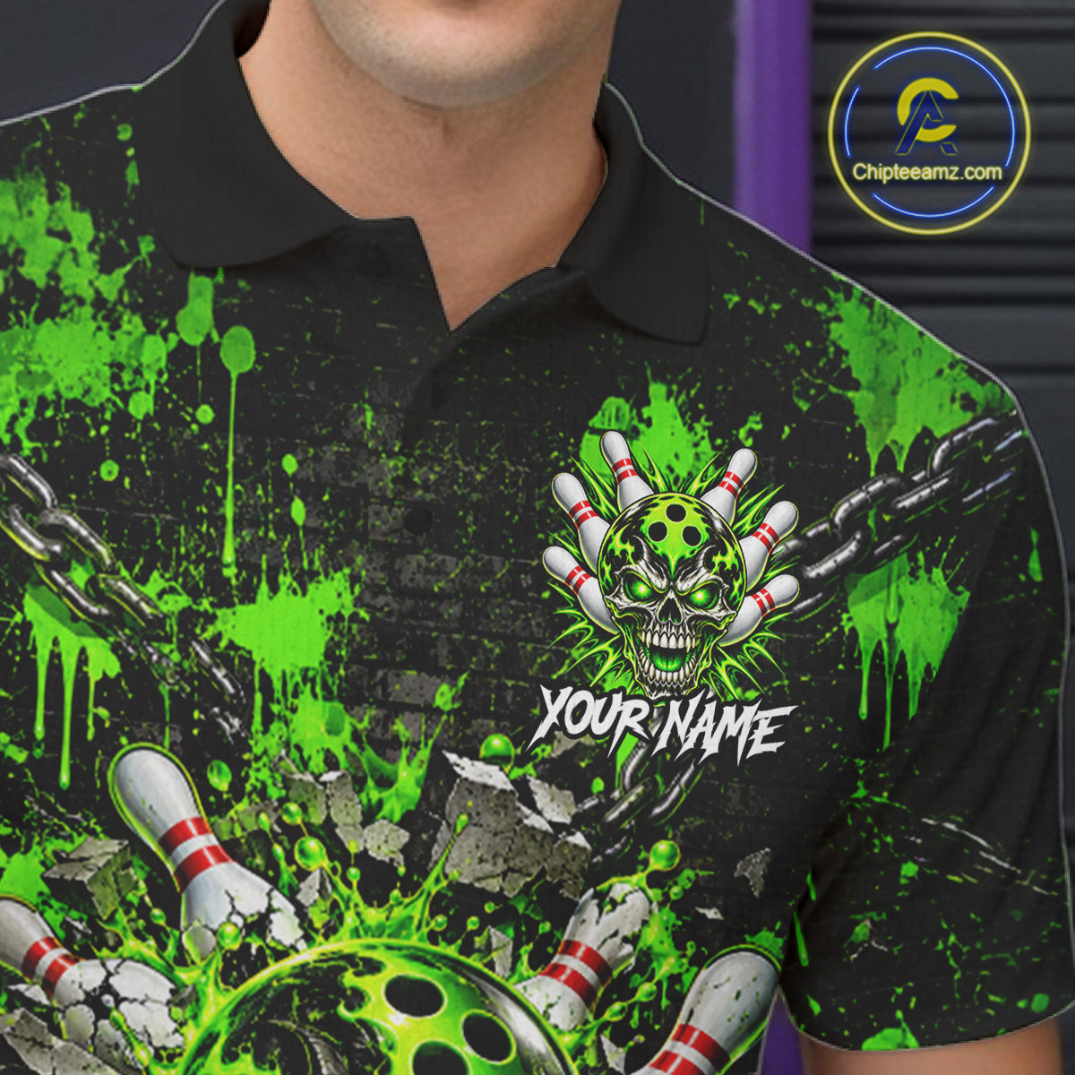 Green Slime Skull Bowling Shirt For Men Custom Name Brick Wall Chains Youth Bowler Team Jersey NYN5095