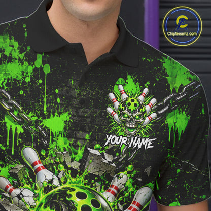 Green Slime Skull Bowling Shirt For Men Custom Name Brick Wall Chains Youth Bowler Team Jersey NYN5095
