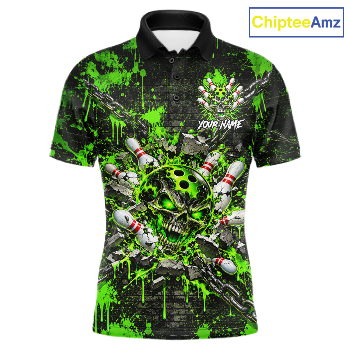 Green Slime Skull Bowling Shirt For Men Custom Name Brick Wall Chains Youth Bowler Team Jersey NYN5095