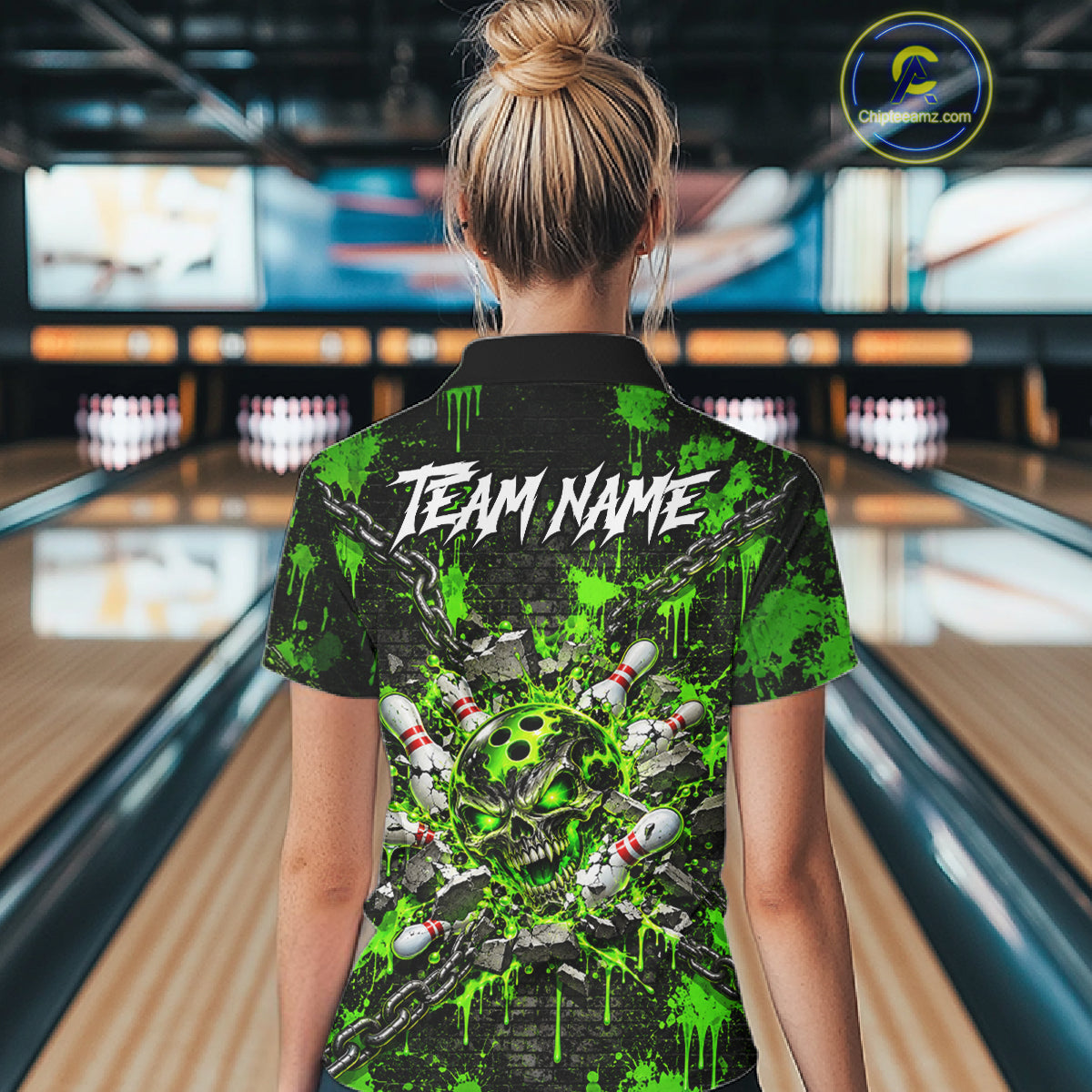Green Slime Skull Bowling Shirt For Women Custom Name Brick Wall Chains Youth Bowler Team Jersey NYN5095