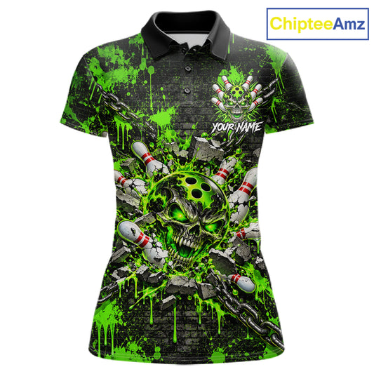 Green Slime Skull Bowling Shirt For Women Custom Name Brick Wall Chains Youth Bowler Team Jersey NYN5095