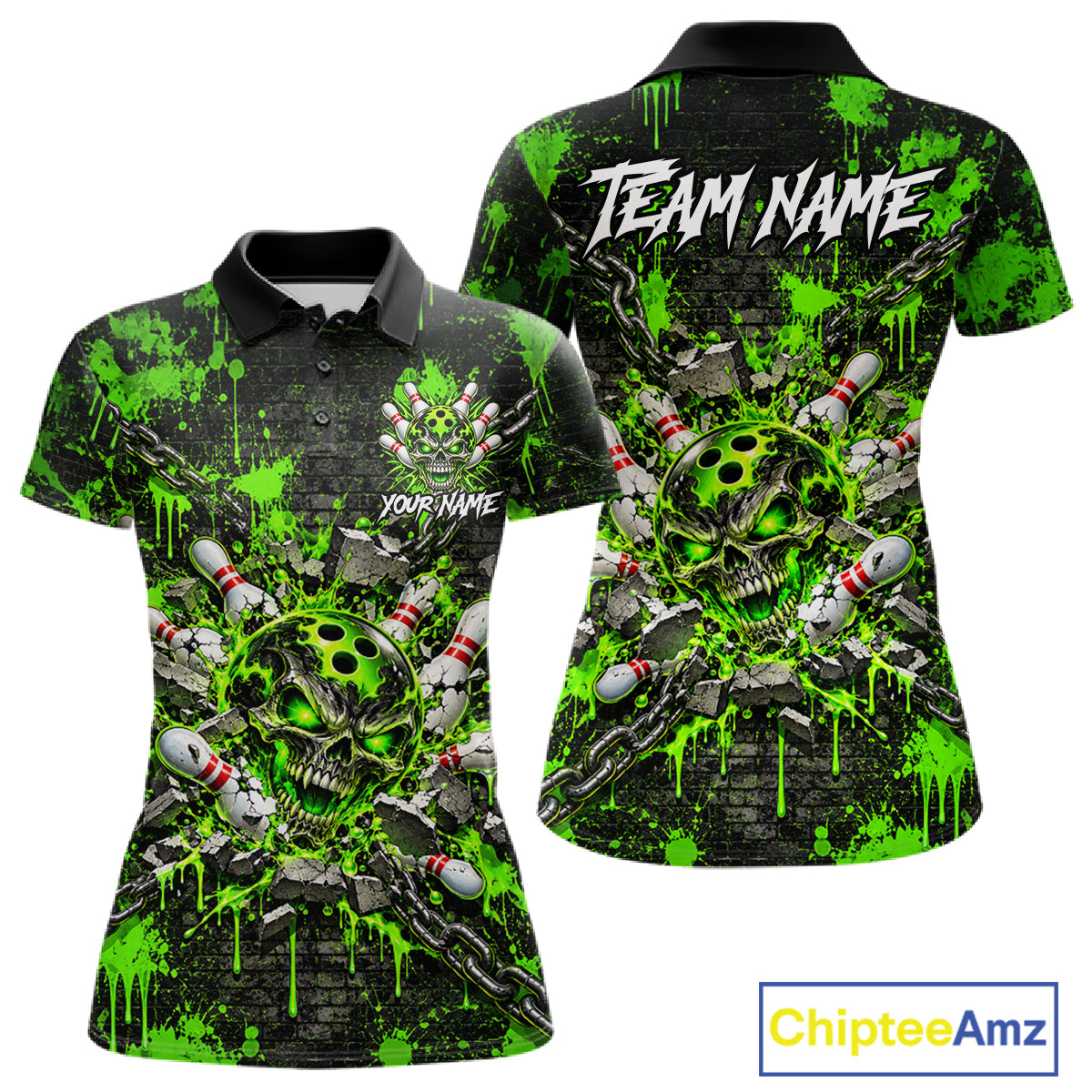 Green Slime Skull Bowling Shirt For Women Custom Name Brick Wall Chains Youth Bowler Team Jersey NYN5095