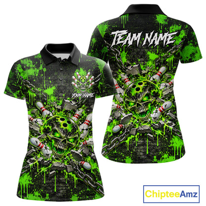 Green Slime Skull Bowling Shirt For Women Custom Name Brick Wall Chains Youth Bowler Team Jersey NYN5095